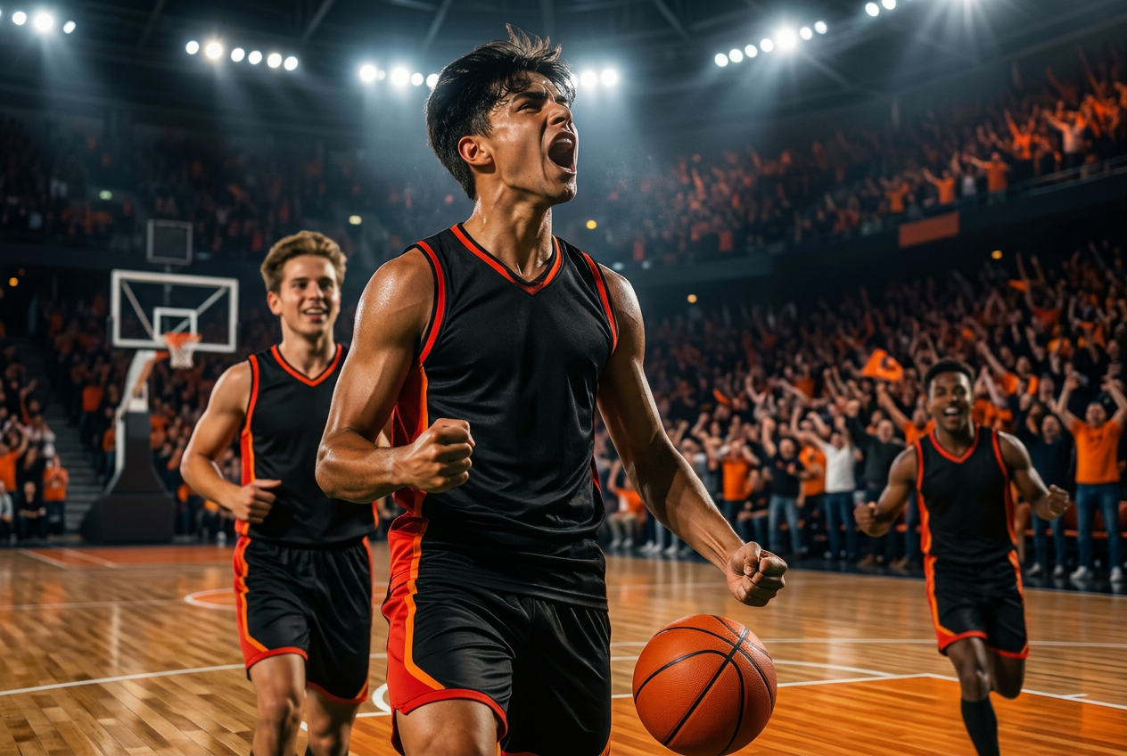 Academy basketball player celebrating a decisive score